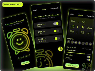 Daily UI Challenge Day 23 - Digital Alarm Clock alarm bright neon with black daily ui challenge daily ui challenge 23 dark mode design digital alarm graphic design hype 4 academy illustration ui ux ux design