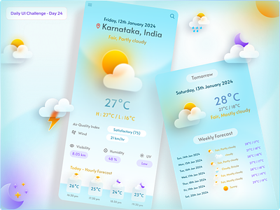 Daily UI Challenge Day 24 - Weather Forecast daily ui challenge daily ui challenge 24 design glassmorphism graphic design hype 4 academy illustration pastel design ui ux ux design weather forecast