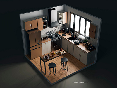 Modern Kitchen 3d architecture blender cycles design illustration isometric kitchen lights render room texture
