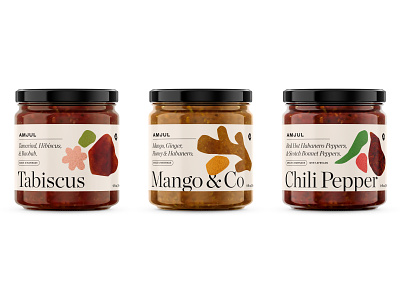 Amjul sauce labels branding chili flavour food ginger hibiscus honey jar label mango marinade packaging peppers sauce typography