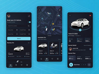 ElectraRent - Your Portal to Electric Mobility app dark darkmode design ecofriendly electric electricvehicle evrentals green energy inspiration mobiel app mobility rent sustainabletravel transportation ui userexperience ux vehicles