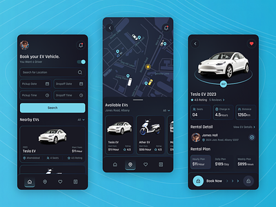 ElectraRent - Your Portal to Electric Mobility app dark darkmode design ecofriendly electric electricvehicle evrentals green energy inspiration mobiel app mobility rent sustainabletravel transportation ui userexperience ux vehicles
