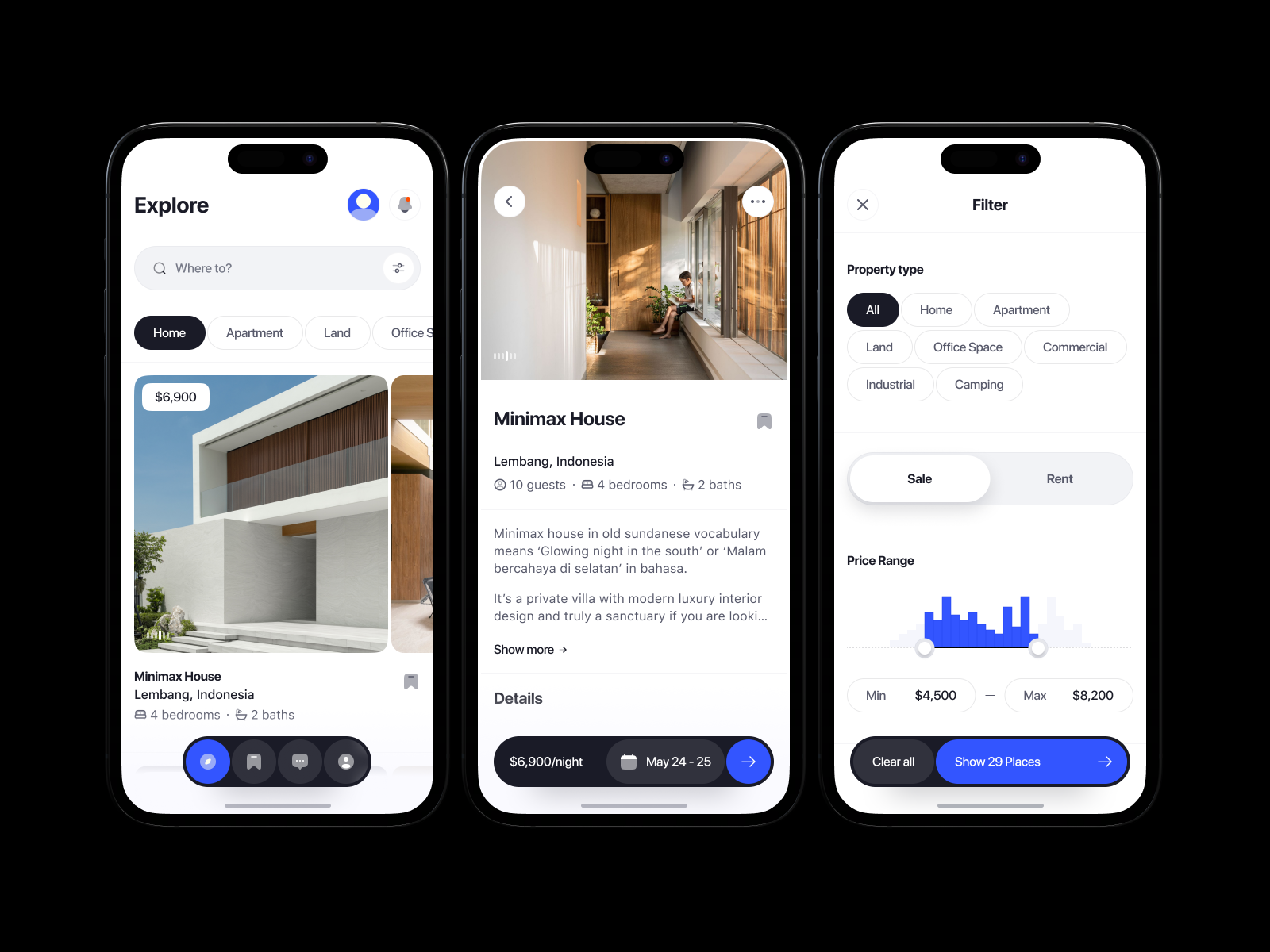 Real Estate Mobile App agent apartment app card clean design filter home hotel ios listing minimal minimalist mobile property real estate rent ui ux villa
