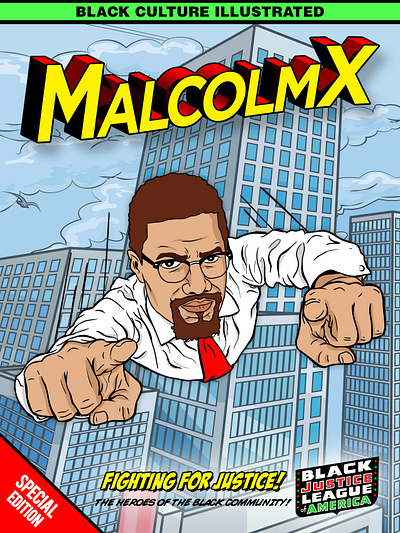 Black Justice League: Malcolm X Comic Cover Illustration comic book cover design graphic design illustration typography