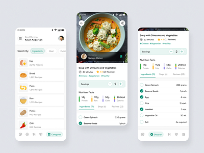 Food Recipes App 🥣 - Part 2/2 breakfast chef profile clean interface cook cooking skill cuisine list dessert dish eating green tabs ingredients kitchen meal nutrition quantity form recipes book restaurant menu to do list vegan foodies