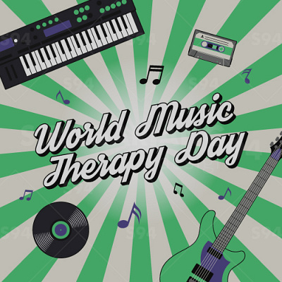 Vector retro banner for World Music Therapy Day graphic design guitar oldschool synthesizer vinyl