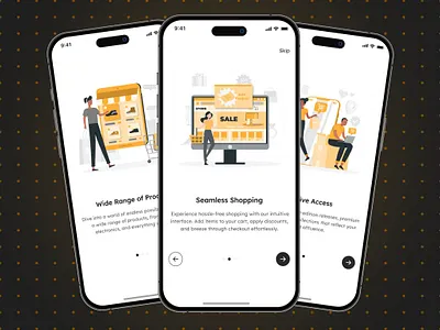 Onboarding Screen Designs for an Ecommerce App android app app design e commerce illustrations ios iphone mobile mobile apps mobile design onboarding online shopping ui user ux yellow