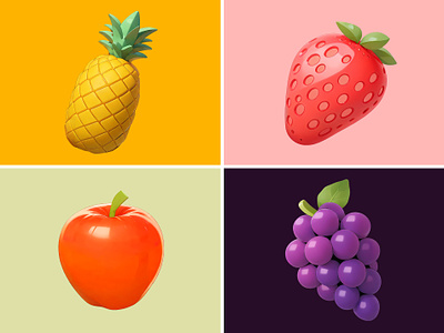 Fruits Icon Collections 3d apple clay cute fresh fruit grapes icon illustration juice pastel pineapple rendering strawberry