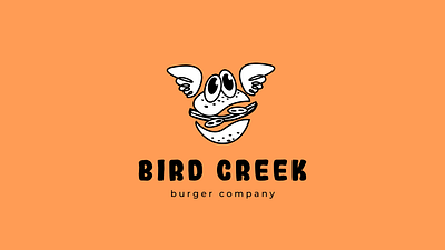 Logo of the burger company "BIRD CREEK" badge design brand branding burger cheerfully food graphic design illustration loaf logo logo designer logomark mascot ridiculously