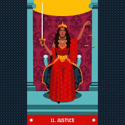 Tarot card #11: Justice adobe illustrator arcana major blue contrast daily art deck digital art flat design illustration justice orange red scale sword tarot vector vector art vector illustration women