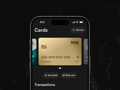Horizontal scrolling carousel UI app bank card carousel dark mode payment ui