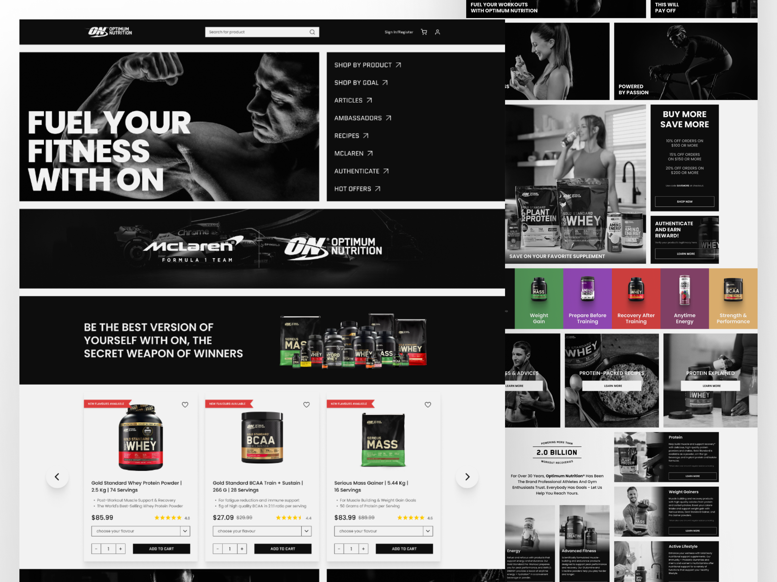 Optimum Nutrition Landing Page Redesign app design bento grid branding design figma fitness fitness brand graphic design landing page logo optimum nutrition protein redesign typography ui uiux web design website website design whey protein