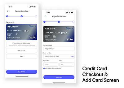 Daily UI #2 - Credit Card Checkout & Add Card Screen creditcardcheckout dailyui uiux figma figma mobileappdesign paymentpage prototyping uiux wireframing