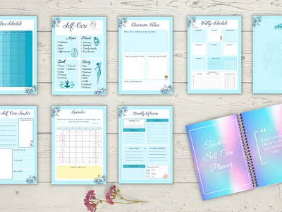 Teachers Self Care Planner amazon kdp animation blue book cover design calendar classroom daily design graphic design monthly notebook notes planner schedule school self care self love students teacher weekly