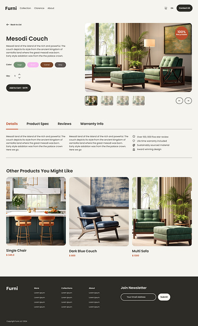 Furniture e-commerce website product detail page graphic design ui