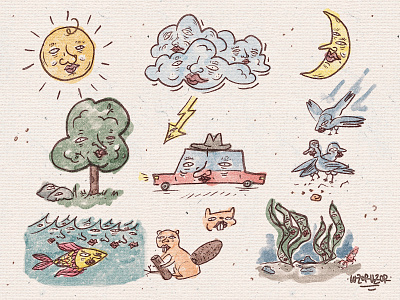 Beauty nature doodles beaver car clouds doodle fish illustration moon nature pidgeon seaweed sun tree ugly watercolor wzor uzor взор узор дудл