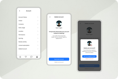 Delete account UI Design account settings app design deactivate deactivate account delete delete account delete account flow settings ui ux user flow ux design