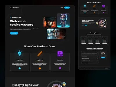 UI design for the AI Reel creator web app ai reel creator website ai website dark theme dark theme web ui faqs header design landing page design pricing plan subscription plan web header web landing page web uiux website sections