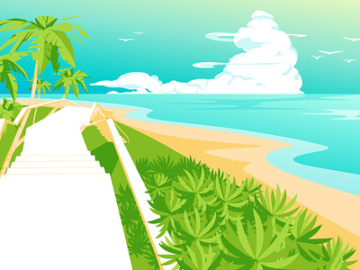 Tropical paradise beach bright clouds coastline destination illustration landscape ocean palm sky summer travel tropic typical vacancy vector vector art