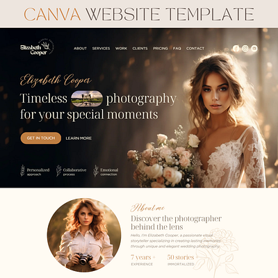 Canva Website Template for Wedding Photographers canva canva website canva website template landing page one page website photographer photographer website photography photography website sales page template ui ux website website for photographers website template wedding photography