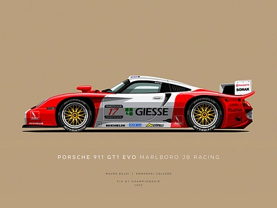 Porsche 911 GT1 Evo Marlboro JB Racing automotive cars clean design flat illustration porsche poster racing slick vector