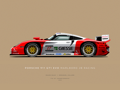 Porsche 911 GT1 Evo Marlboro JB Racing automotive cars clean design flat illustration porsche poster racing slick vector