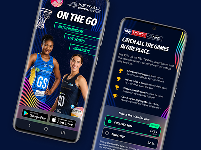 Promo + In-App Purchase Screens for Sports App | UI/UX/Writing advert advertisement branding duxw dynamic exciting graphic design in app in app purchase netball promo promo screen promotion purchase screen sports sports app superleague ui design ux design ux writing