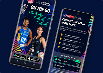 Promo + In-App Purchase Screens for Sports App | UI/UX/Writing advert advertisement branding duxw dynamic exciting graphic design in app in app purchase netball promo promo screen promotion purchase screen sports sports app superleague ui design ux design ux writing
