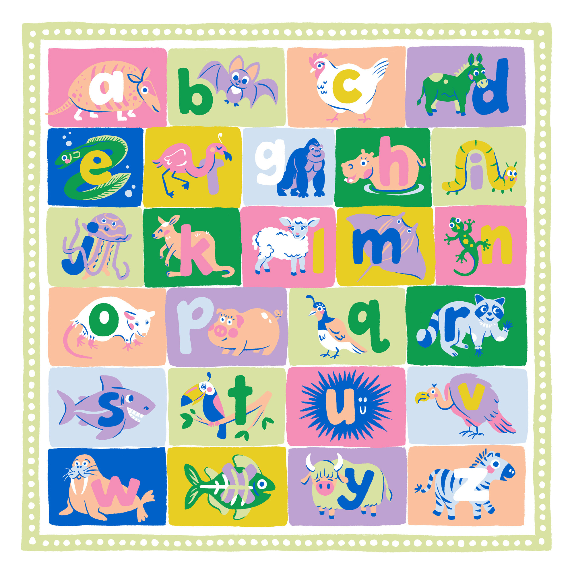 Animal ABCs abc alphabet animals armadillo bat chicken donkey flamingo hippo jellyfish opossum raccoon shark toucan vulture walrus yak zebra