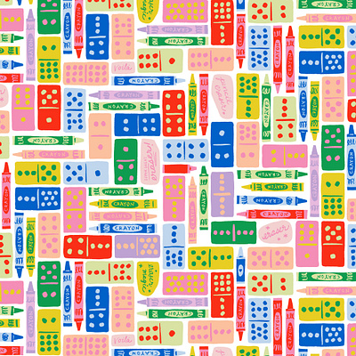 Dominoes & Crayons back to school crayons domino dominoes elementary erasers illustration kids pattern repeating pattern surface design