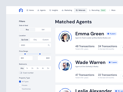 Courted — Referrals dashboard filters product real estate search