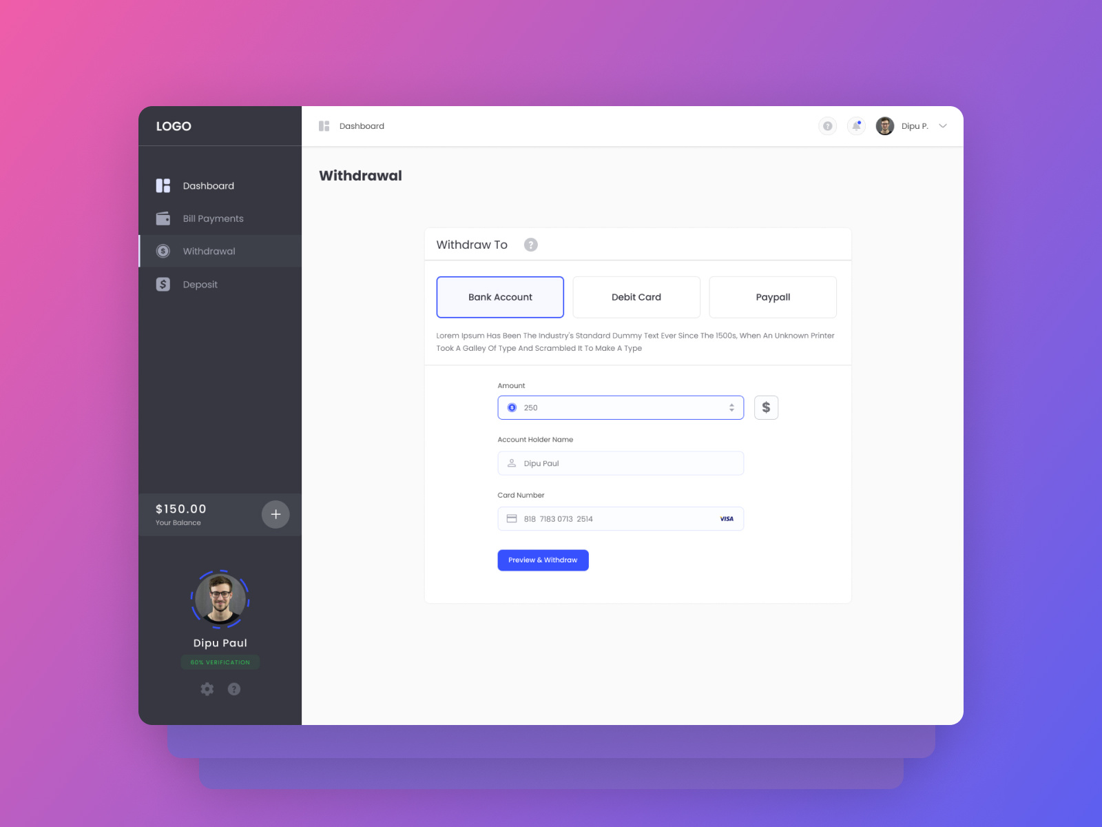 Withdrawal - Online banking platform bankingapp bankingsolutions debit card digitalpayments dipupaul. dipupaul0101 easywithdrawals figm financialservice financialtech mobilebanking modernbanking onlinebanking paymentmethods paymentmethods. paymentwithdrawal paypall uiuxdesign withdrawal withdrawalpage