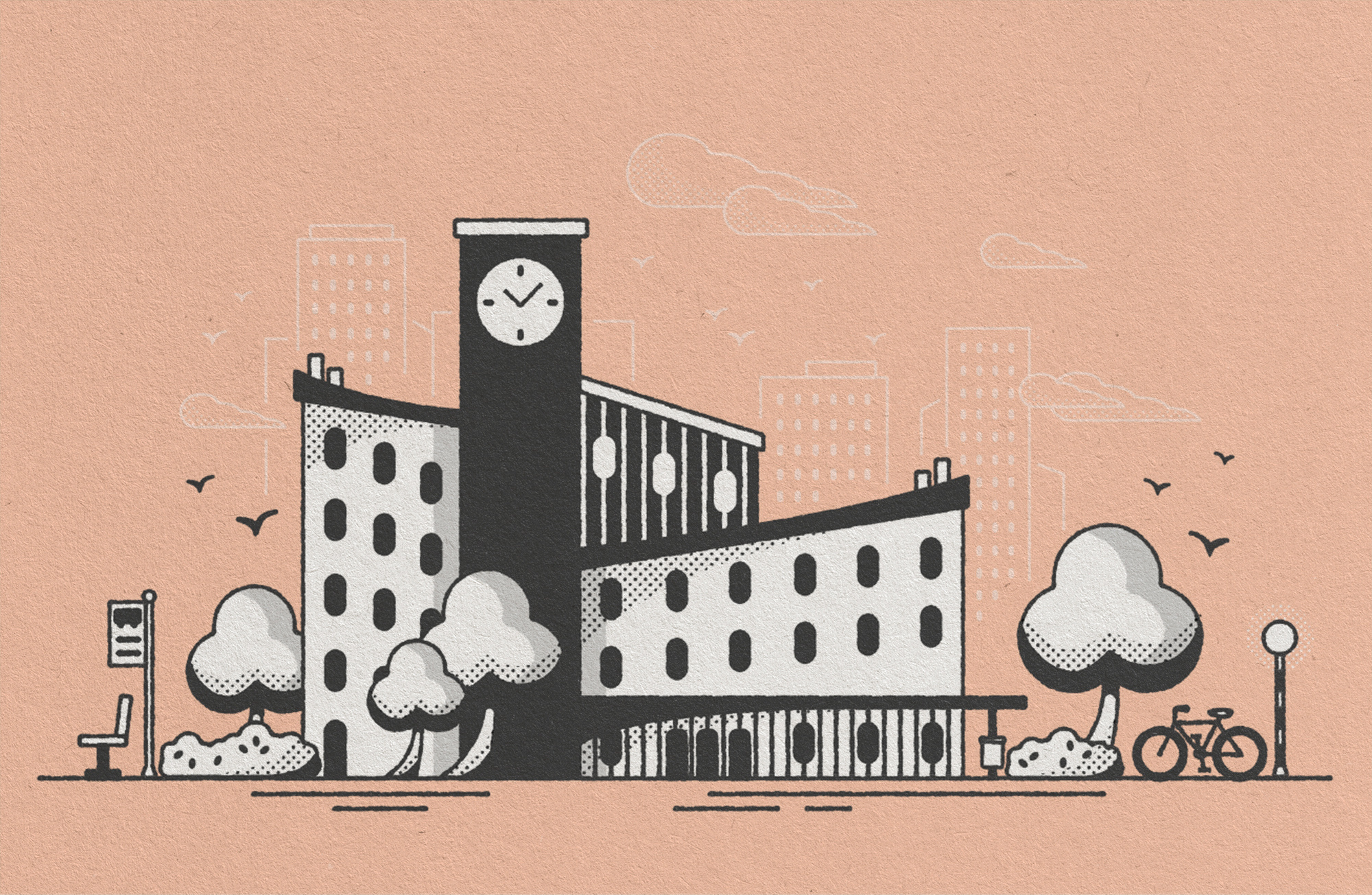 Scene Experimentations 03. city map city planning development education flat halftone illustration map design newspaper print outline retro retro print texture