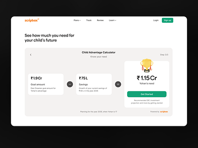 Upcoming calculator section for "Child Advantage" plan calculator investment app investment calculator pricing pricing select result result screen scripbox web design website design
