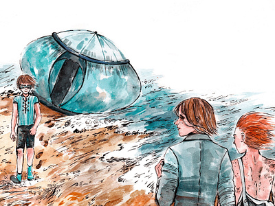 Illustration for children book art for children book beach children book illustration flying saucer girl and boy illustration illustrator orange hair teens on the beach watercolor illustration young adult illustrator