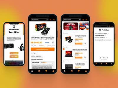 UI Design de Aplicativo de Ecommerce app app design black design ecommerce electronics figma mobile orange phone store ui ui design uiux user experience ux ux design