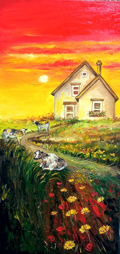 Original oil painting Ukraine, Cows and Ukrainian nature without animals art cows hand painted houses illustration nature paint painting pet ukraine ukrainian village