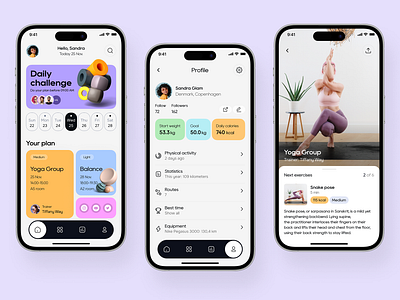 Yoga and Exercises App 3d animation branding classes daily design diet exercise graphic design logo meditation motion graphics navigation product schedule tracking training ui ux yoga