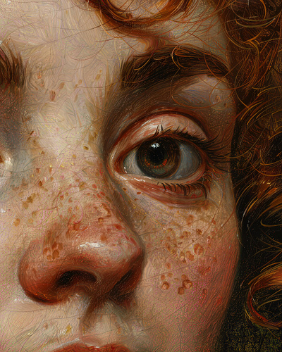 Do you see me now? ai art closeup curls dare details digital art dvk the artist expression eyes fashion freckles hair her intense oil painting pain reflection sensitive woman
