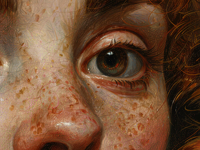 Do you see me now? ai art closeup curls dare details digital art dvk the artist expression eyes fashion freckles hair her intense oil painting pain reflection sensitive woman