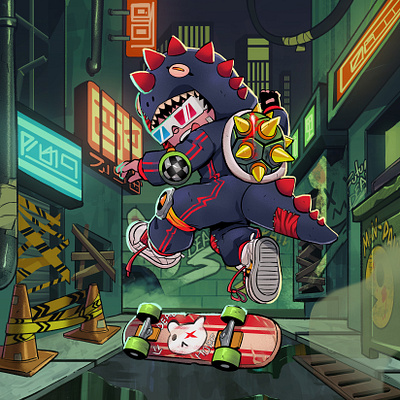 Dinosaur Outfit Skater Kid alley alleyway anime asian branding character design character ip comic book cyberpunk design dinosaur mario nintendo