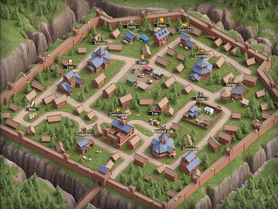 Medieval town (game menu) 3d artwork blender buildings cgart city game game design gui icons illustration isometric medieval strategy town ui