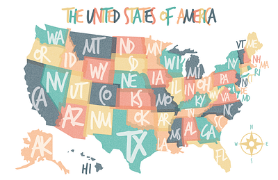 Map of the United States of America graphic design illustration map