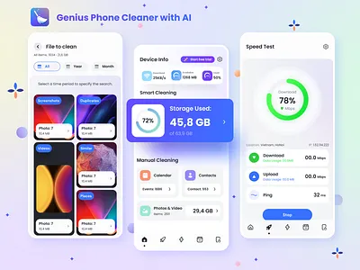 Genius Phone Cleaner with AI ai cleaner animation app design archive clean cleaner design genius phone graphic design illustration interface memory mobile mobile app design mobile ui optimize storage ui uiux ux