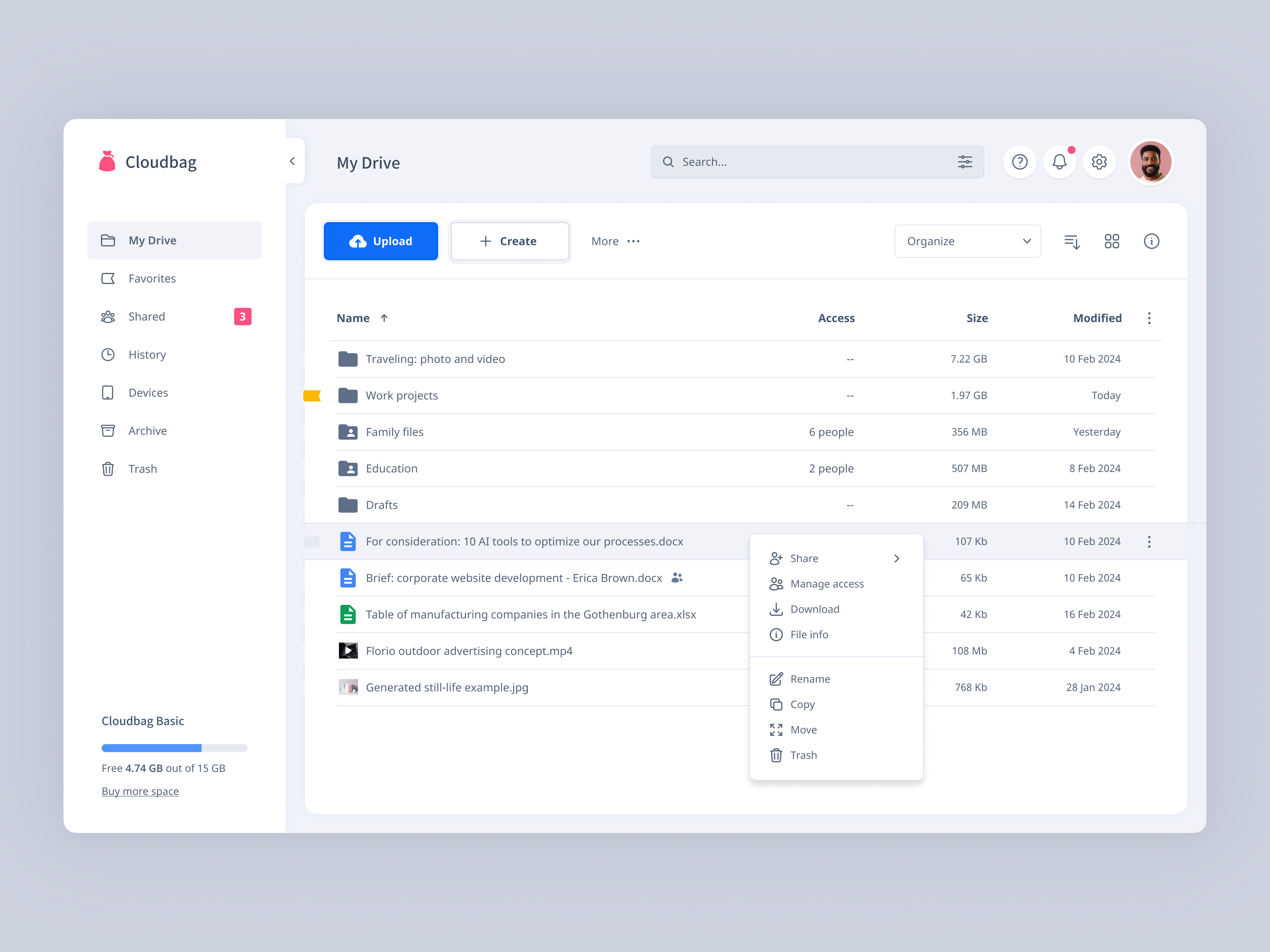 Cloudbag [Cloud Storage] - UI/UX desktop by Oleg Vasendin on Dribbble