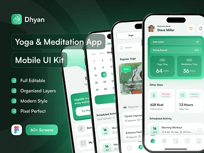 Dhyan - Yoga & Meditation UI Kit activity app design figma fitness health tracker improve sleep time meditation mobile app posture correction product product design relaxation ui design ui kit ui template uiux visual design weight loss workout yoga