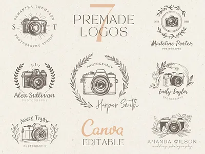 7 Photography Logo Designs, Premade Camera Logos Made in Canva boho camera logo canva diy logo canva logo custom logo photography hand drawn logo logo design photographer logo photography watermark premade logo premade logo bundle small business logo vintage logo designs watermark logo wedding photography