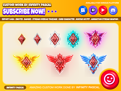 CUSTOM BADGES FOR STREAM CHANNEL animation artwork bit badges custom design design digital art discord emotes facebook emotes graphic design illustration loyalty badges open commission sub badges subscriber twitch emotes wing youtube emotes