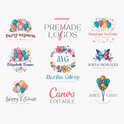 7 Party Decorator Logos, Event Decorator Logos Premade in Canva balloons logo canva diy logo children party logo decoration logo decorator logo event planner logo events decor logo graphic design handdrawn logo logo design canva logo events party decorations party decorator logo premade logo bundle premade logo designs