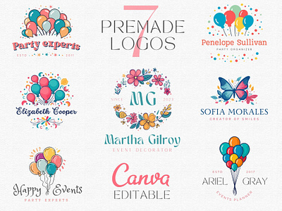 7 Party Decorator Logos, Event Decorator Logos Premade in Canva balloons logo canva diy logo children party logo decoration logo decorator logo event planner logo events decor logo graphic design handdrawn logo logo design canva logo events party decorations party decorator logo premade logo bundle premade logo designs